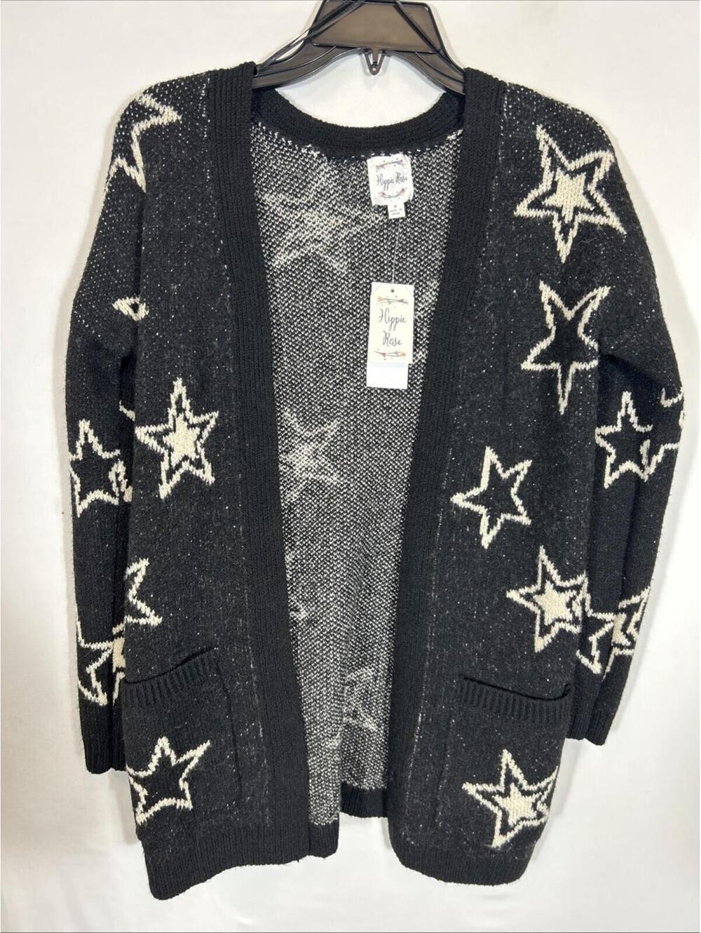 $100 Hippie Rose Junior Long Cardigan Black Intarsia Knit Star S